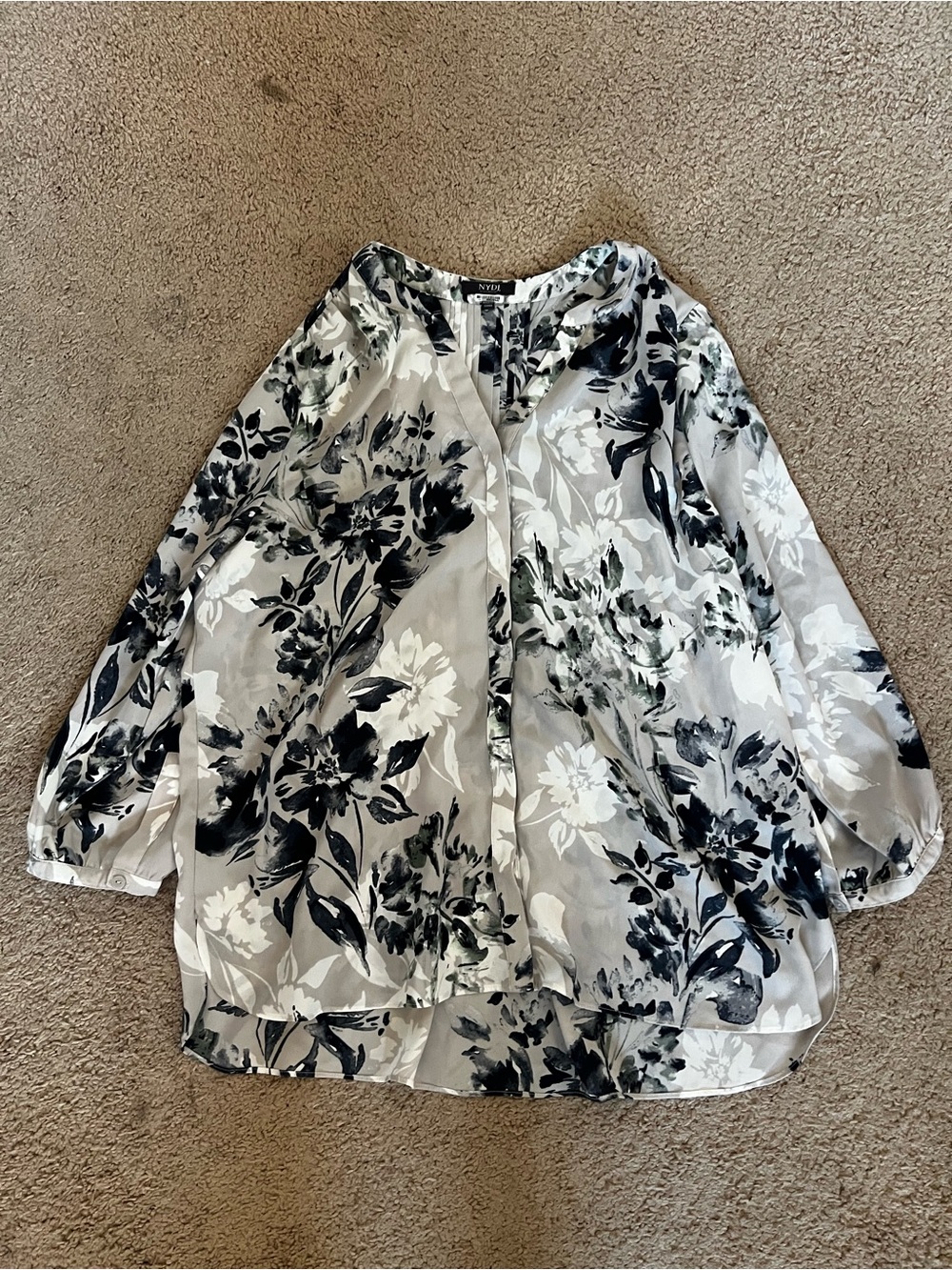NYDJ Black and Gray Floral Sheer Button-Up Blouse